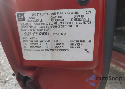 2001 Chevrolet Silverado 1500 Ls from USA, damaged, VIN 2GCEK19T511298571